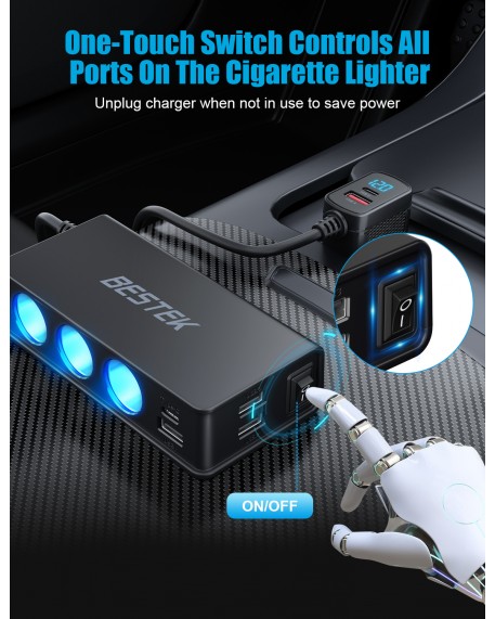 BESTEK Cigarette Lighter Splitter Adapter: 9 in 1 Car Charger 148W 3-Socket PD 30W and QC3.0 18W Charging Ports LED Display Super Fast Charger for 12V/24V